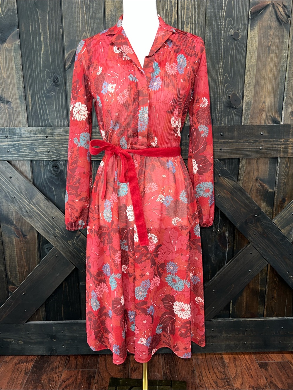 Vintage‎ California Girl Floral Sheer Dress 6 Button Front Collar Belted Pleated